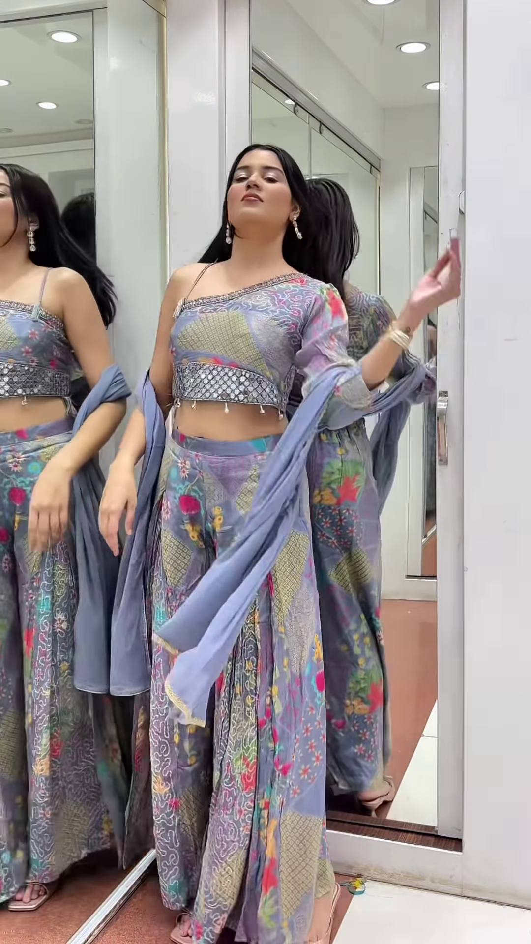 πΈ Vibrant Floral Print Palazzo Suit with Mirror Embellishments & Dupatta π