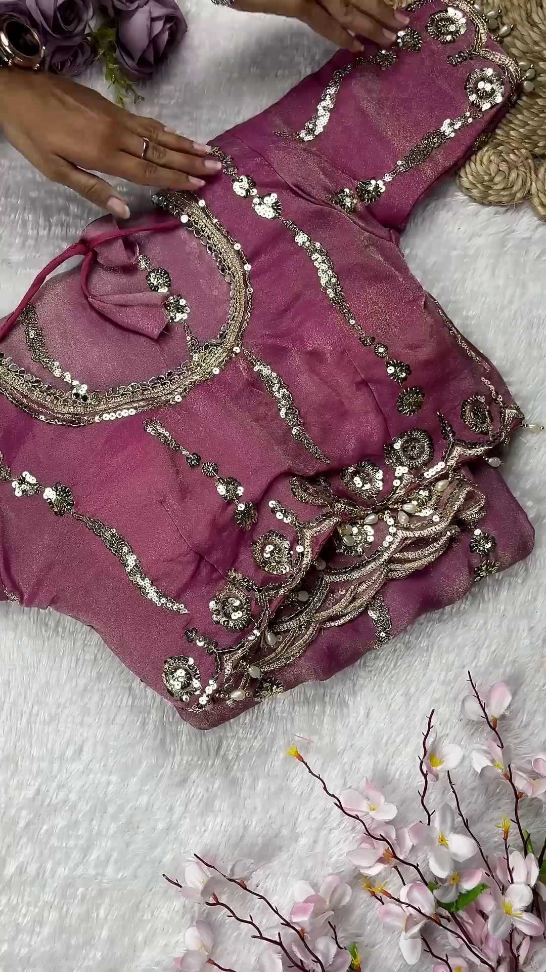 Mauve Pink Designer Blouse with Vertical Sequin Trails and Scalloped Hem