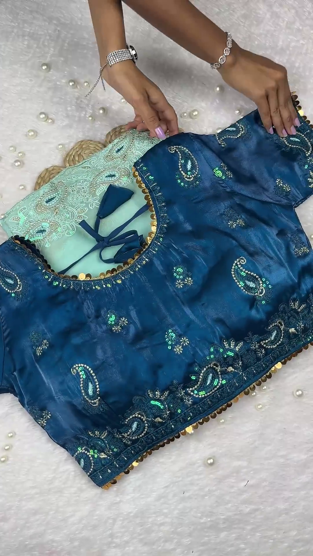 Teal Blue Silk Paisley Blouse with Mint Green Shimmer Dupatta