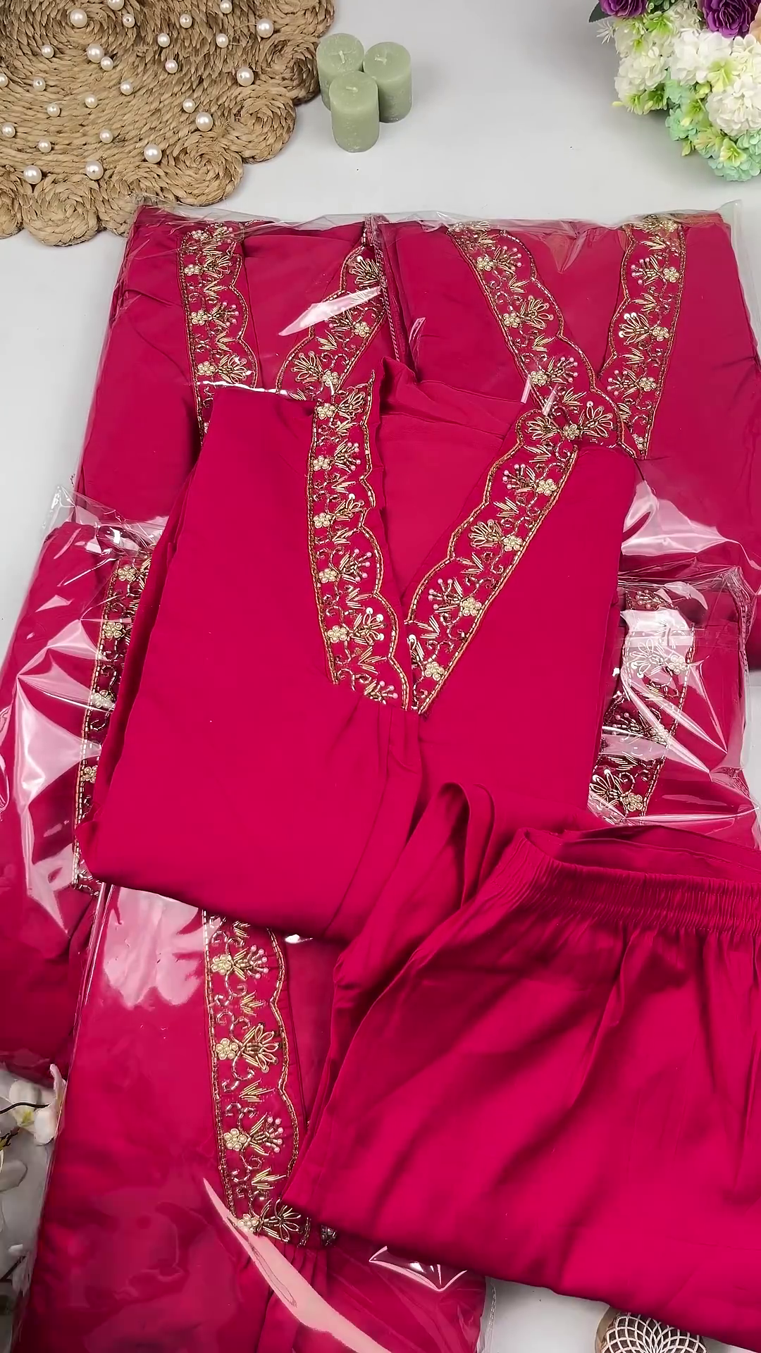 Ruby Red V-Neck Co-ord Set with Scalloped Zari Embroidery
