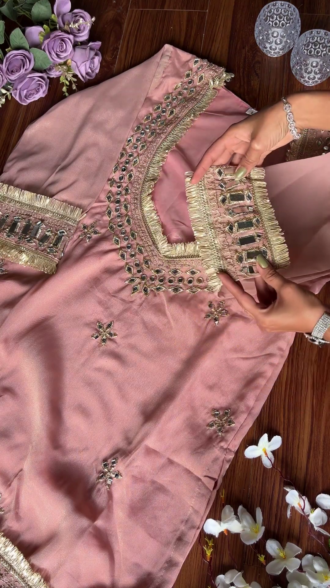 Dusty Rose Silk Kurti with Mosaic Mirror Work and Gota Fringe
