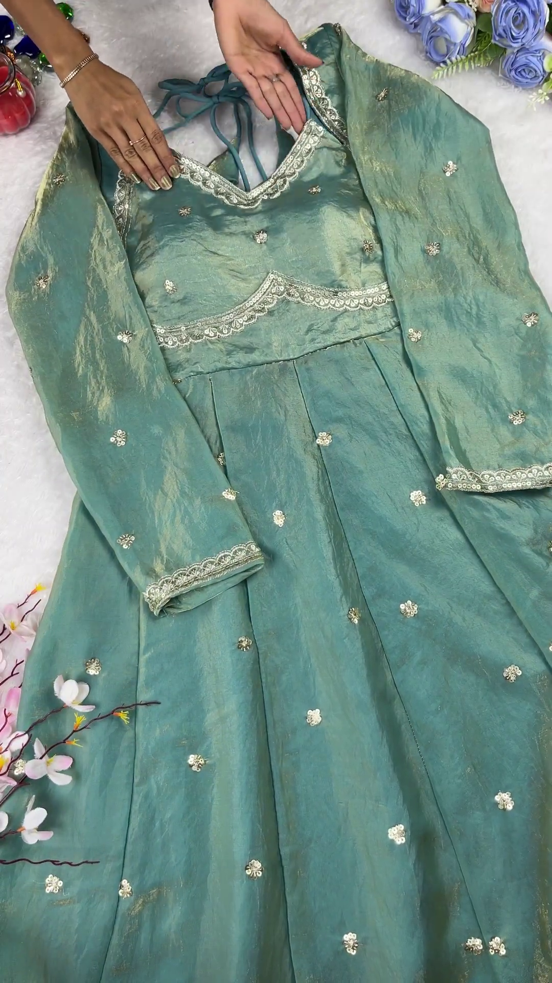 Sage Green Shimmer Silk Anarkali with Scalloped Zari Borders