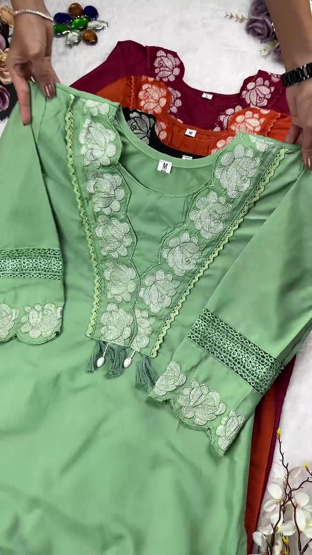 Embroidered Rose Silk Kurti with Lace-Trimmed Cuffs and Tassels