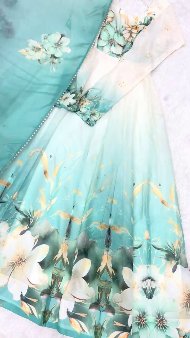 Ivory Floral-Print Organza Gown with Lavender Accents