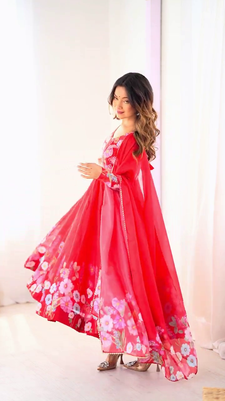 Vibrant Crimson Georgette Anarkali with Botanical Floral Accents