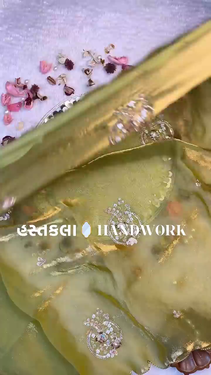 Olive Green Shimmer Silk Blouse with Scalloped Zari and Pearl Tassels