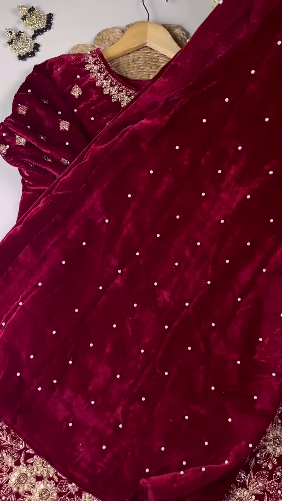 Regal Ruby Velvet Anarkali with Golden Floral Zari and Sequin Embroidery