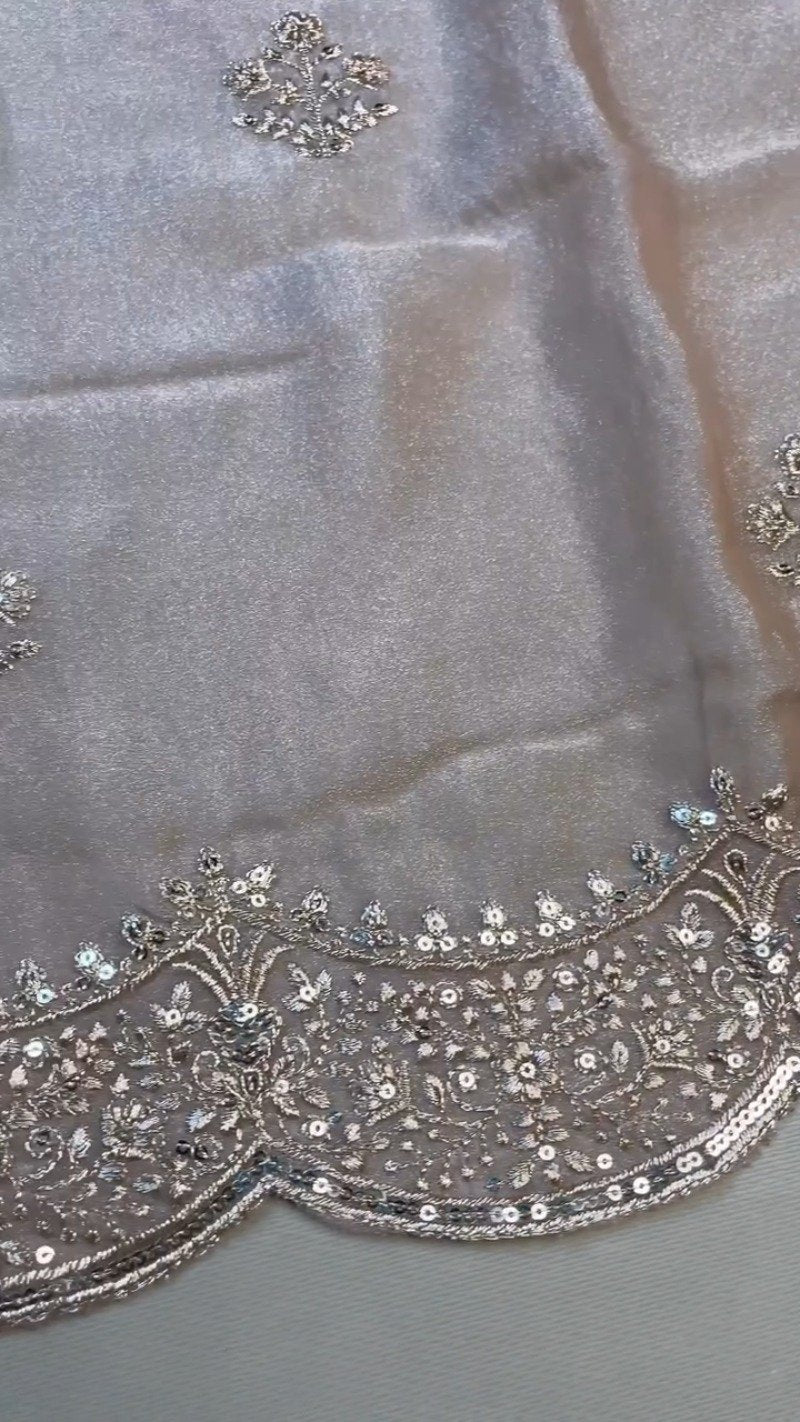 Enchanting Scalloped Organza Saree with Hand-Embroidered Velvet Blouse – Available in Red & Beige