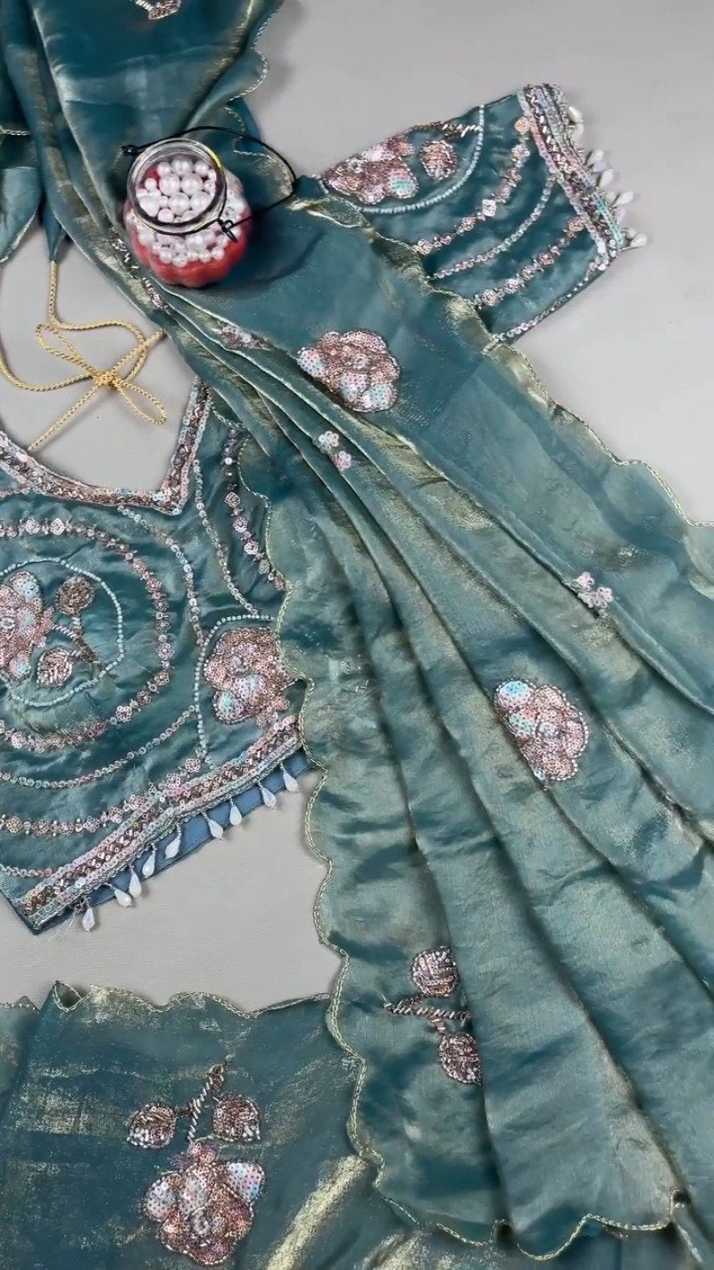 Enchanting Teal Sequined Organza Saree Set with Hand-Embroidered Rose Motifs