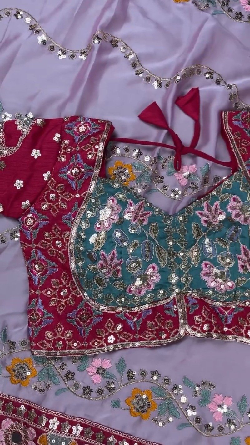 Enchanting Floral Embroidered Saree with Dual-Tone Cut-Work Blouse – Available in Lavender and Deep Berry