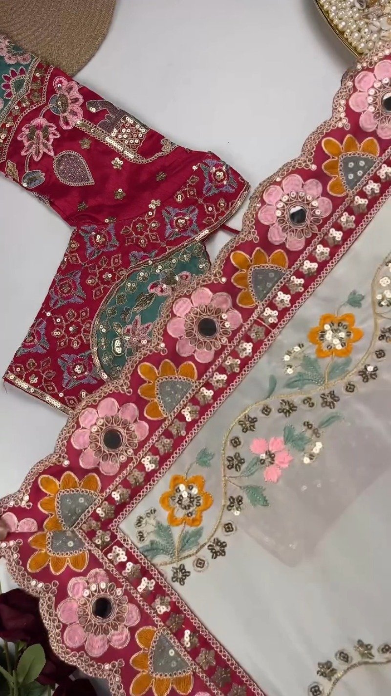 Artisanal Embroidered Saree Set with Mirror-Work Blouse – Available in Maroon & White