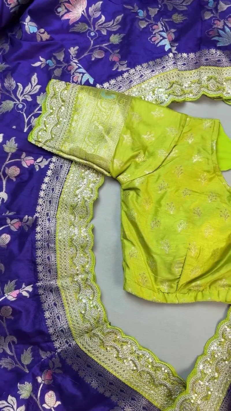 Royal Purple & Lime Green Zari Woven Silk Saree with Scalloped Sequin Border – Available in Purple & Lime Green