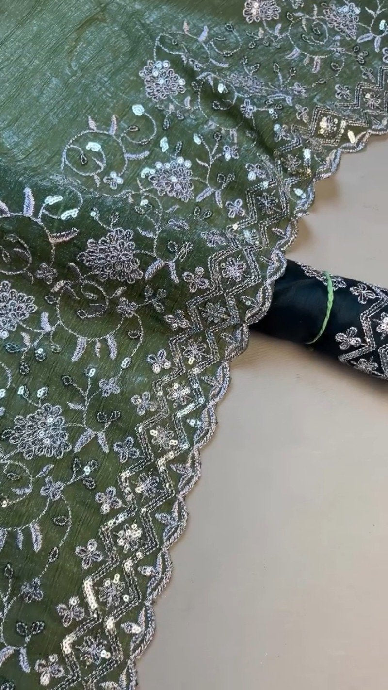 Forest Olive Sequinned Georgette Saree with Scalloped Embroidered Border