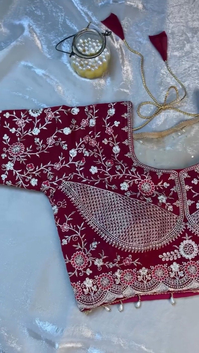 Royal Velvet & Organza Co-ordinated Set with Intricate Zari Embroidery – Available in Crimson Red & Pristine White