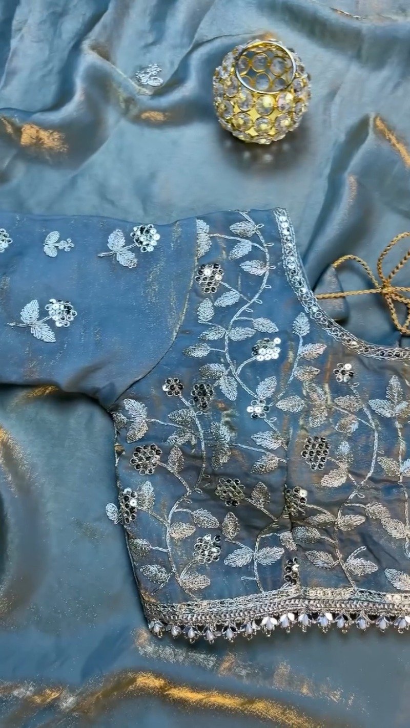 Enchanting Dusty Blue Shimmer Organza Saree Set with Silver Zari Embroidery