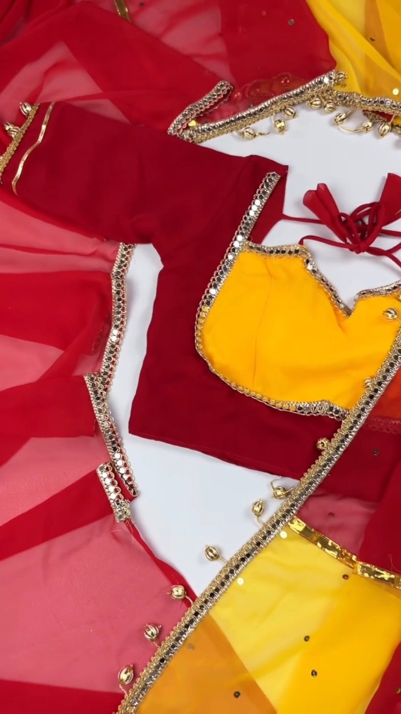 Dual-Tone Mirrorwork Designer Saree & Blouse Set – Available in Red & Yellow & Fuchsia & Yellow