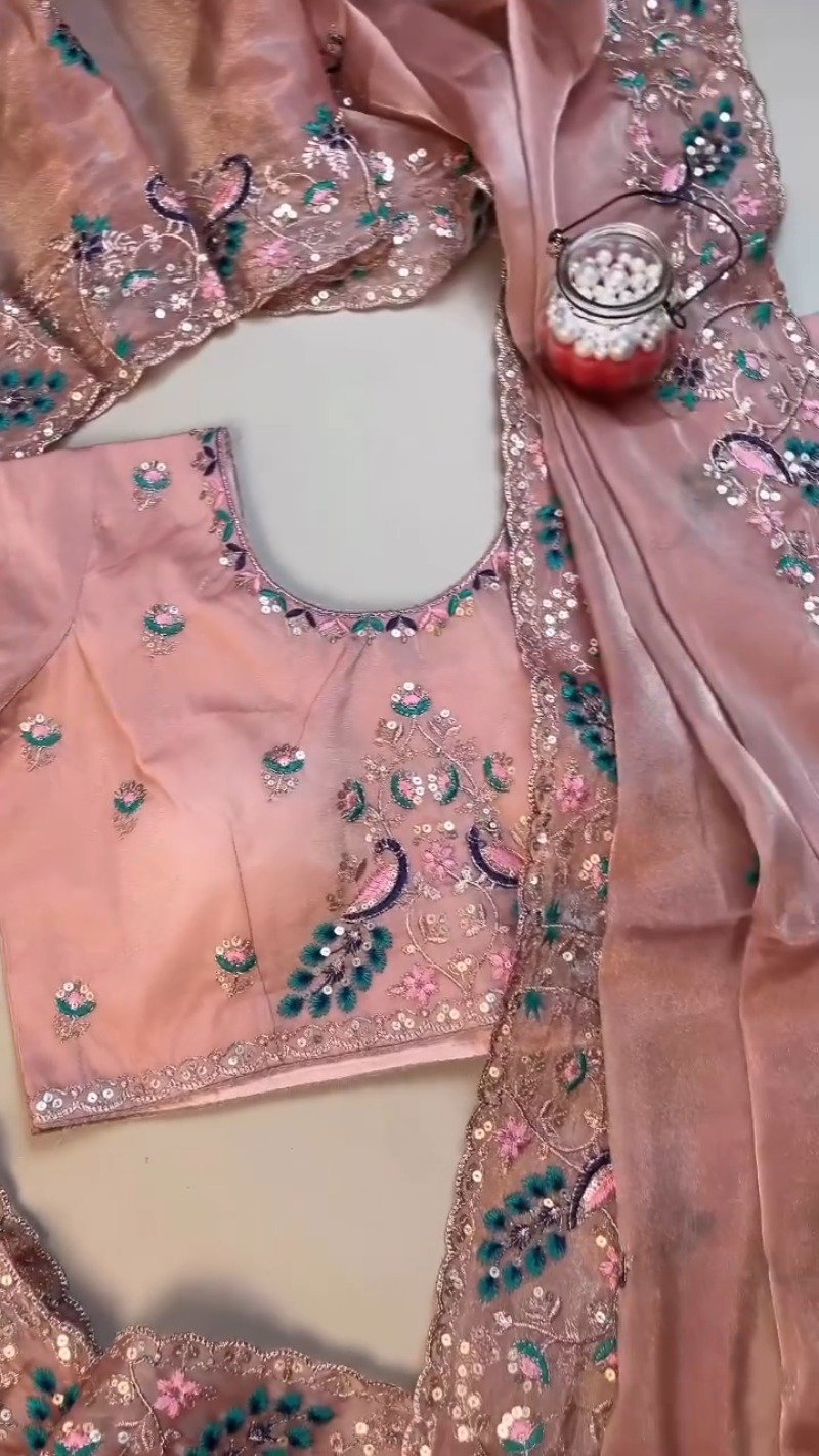 Peach Enchantment Peacock Embroidered Silk Saree & Blouse Set