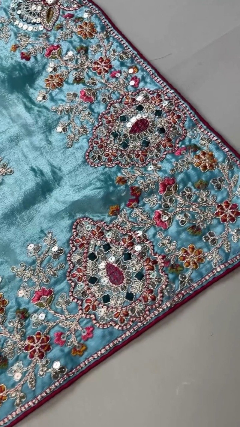 Enchanting Sky-Blue Saree with Magenta Contrast Embellished Blouse – Available in Sky-Blue & Magenta