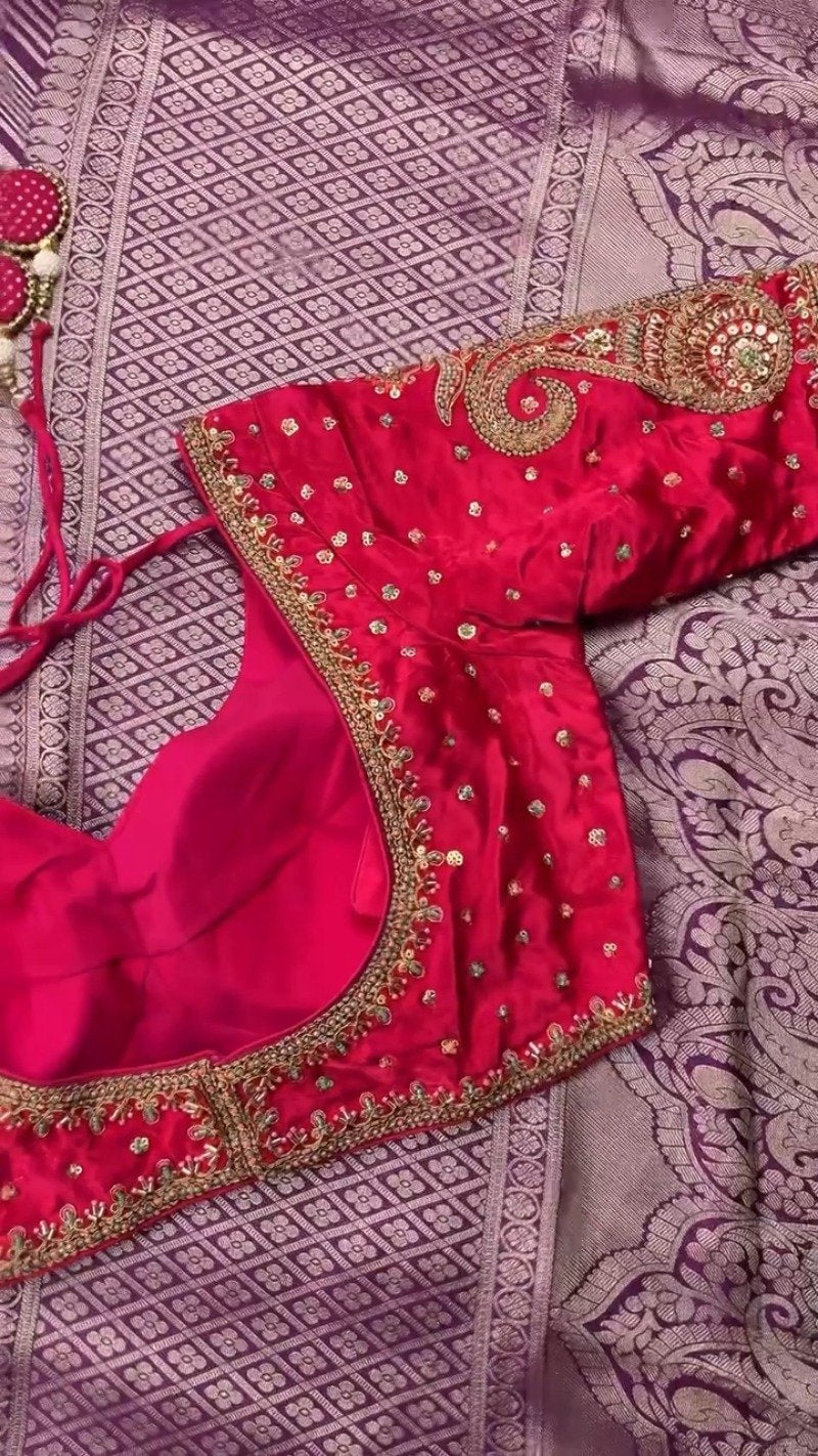 Royal Velvet & Silk Zari Woven Saree Ensemble – Available in Crimson & Deep Violet