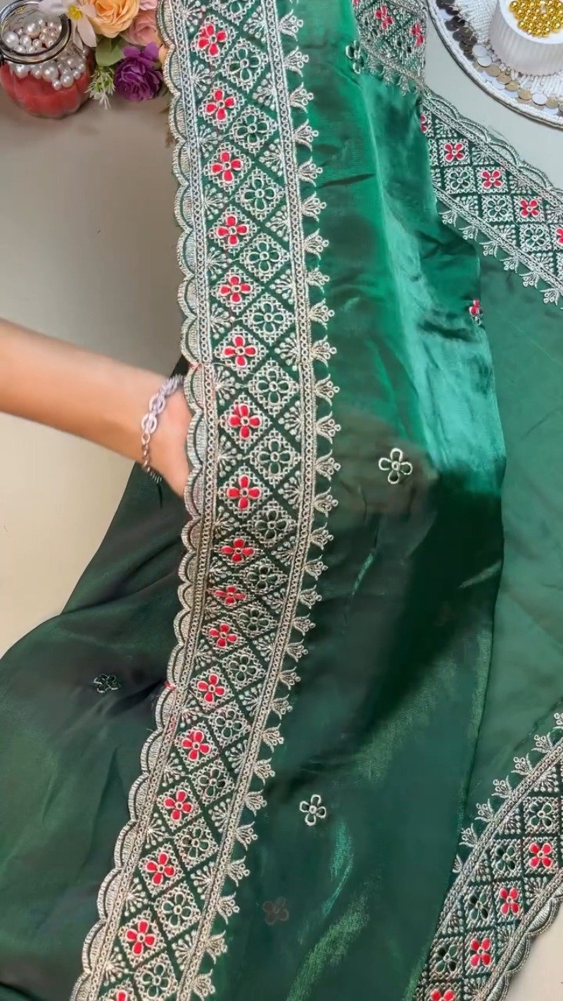Regal Emerald Green Saree with Embroidered Red Blouse – Available in Green & Red