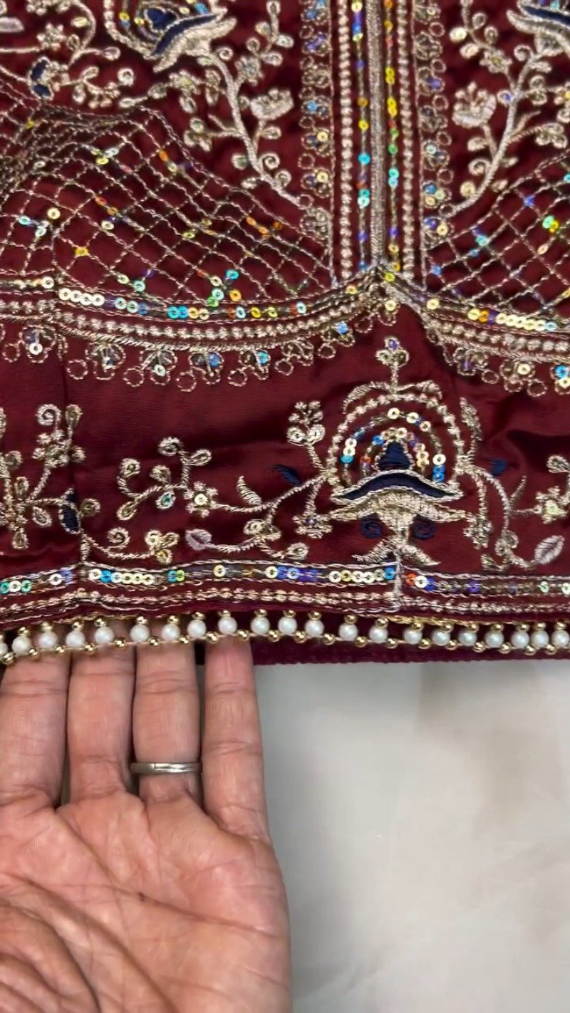 Regal Maroon Sequin-Embroidered Velvet Blouse and Saree Set – Available in Maroon & White