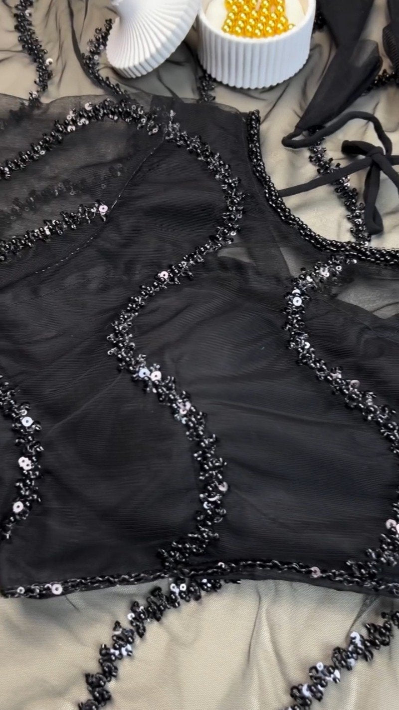 Midnight Noir Sequin-Embellished Sheer Saree with Matching Blouse