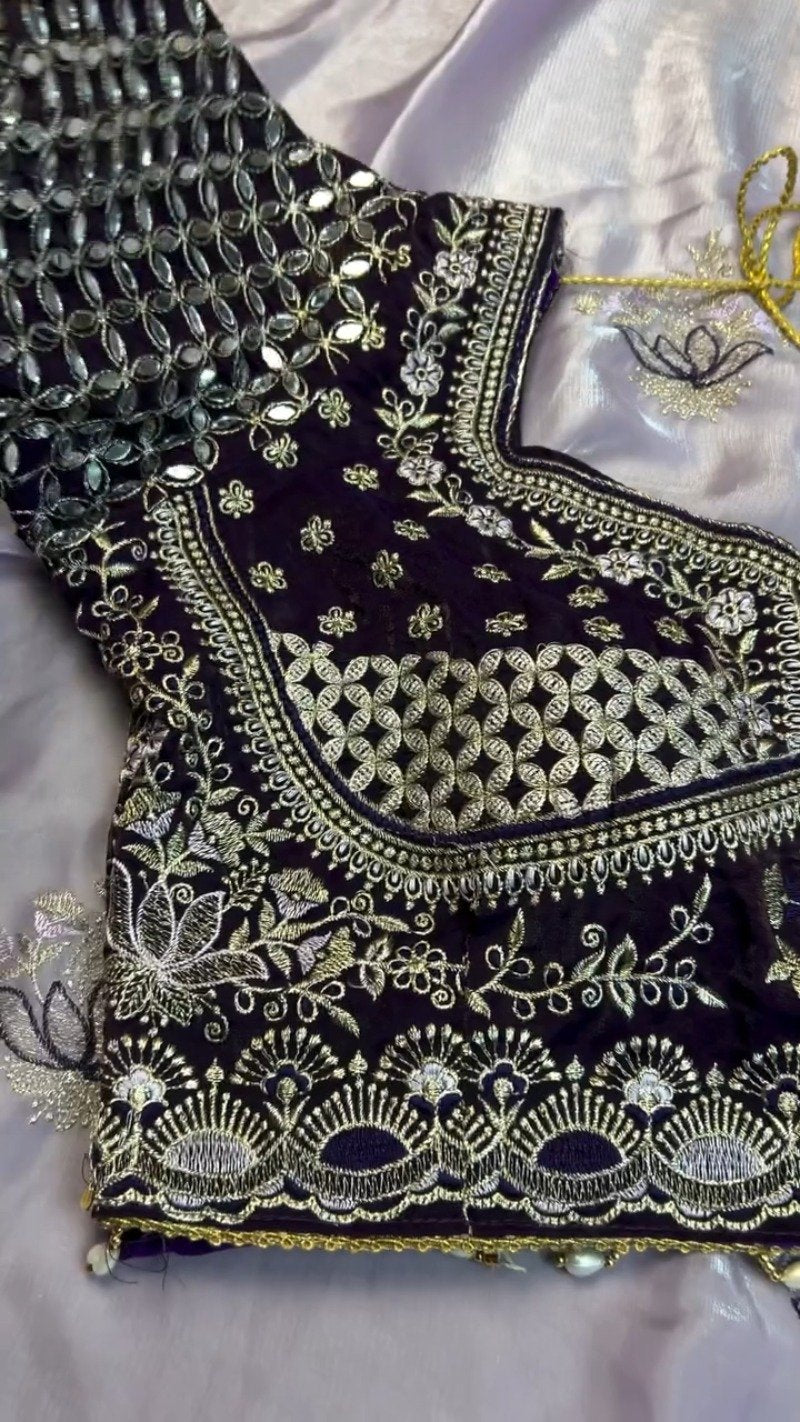 Opulent Velvet Mirror-Work Blouse & Organza Saree Set