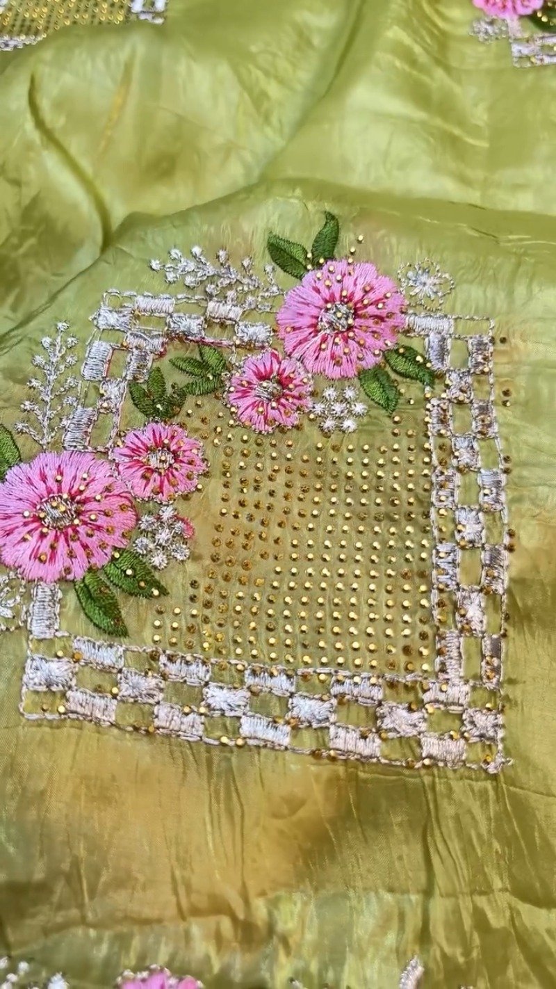 Lime Green Silk Floral Embroidered Saree with Fuschia Pink Brocade Blouse