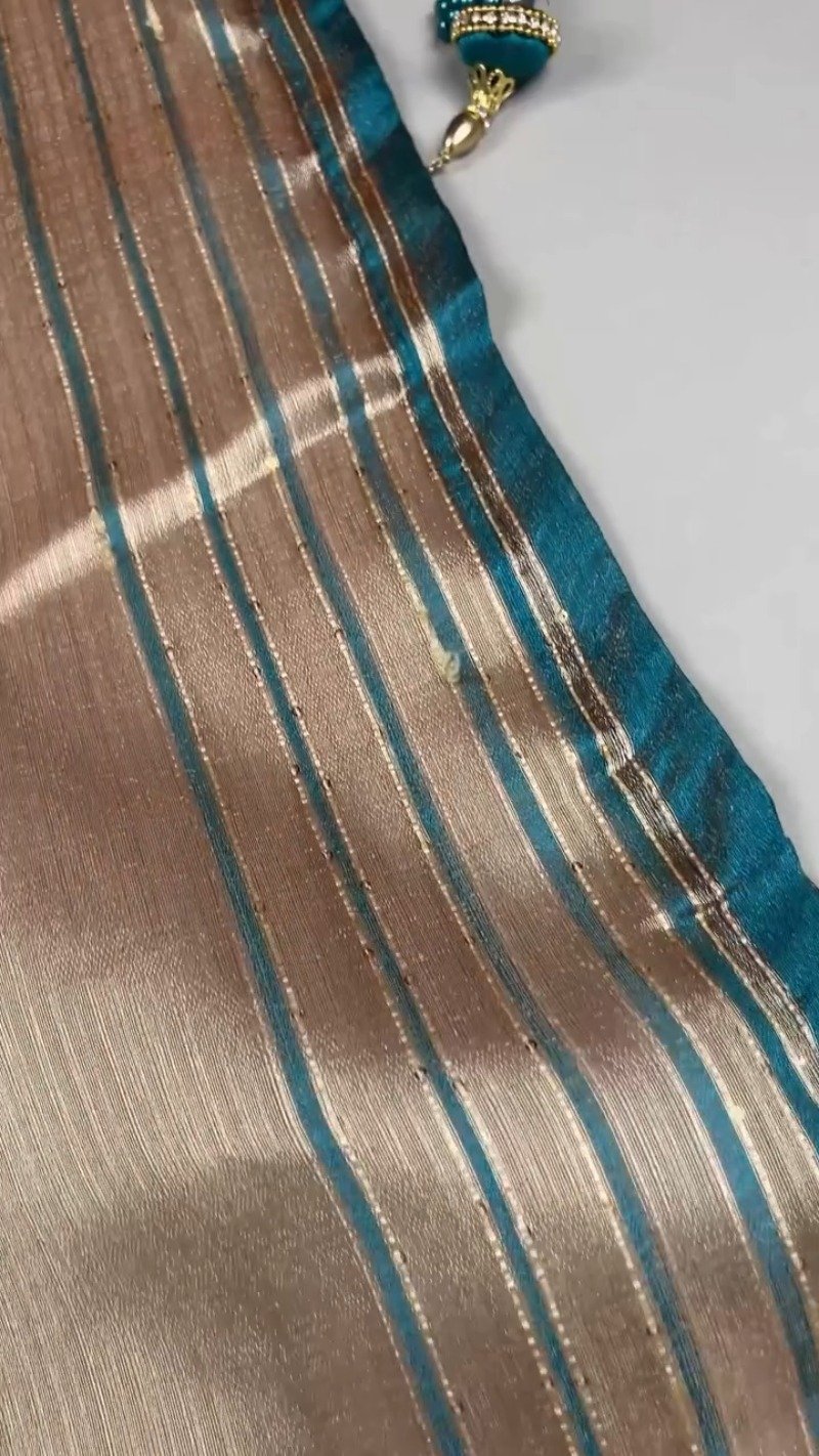 Midnight Teal & Champagne Shimmer Zari Weave Saree Set – Available in Teal & Champagne