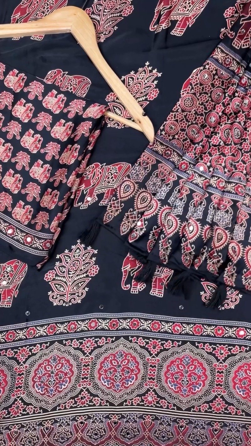 Black Elephant Motif Printed Cotton Suit Set with Mirror Work Accents