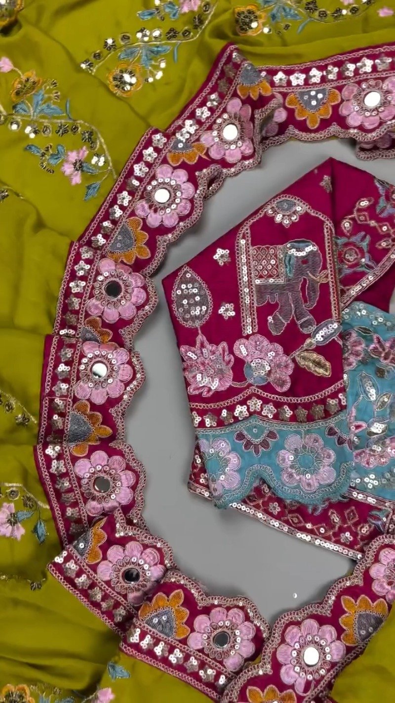 Olive & Fuchsia Embroidered Saree Ensemble – Available in Olive-Fuchsia & Blue-Fuchsia