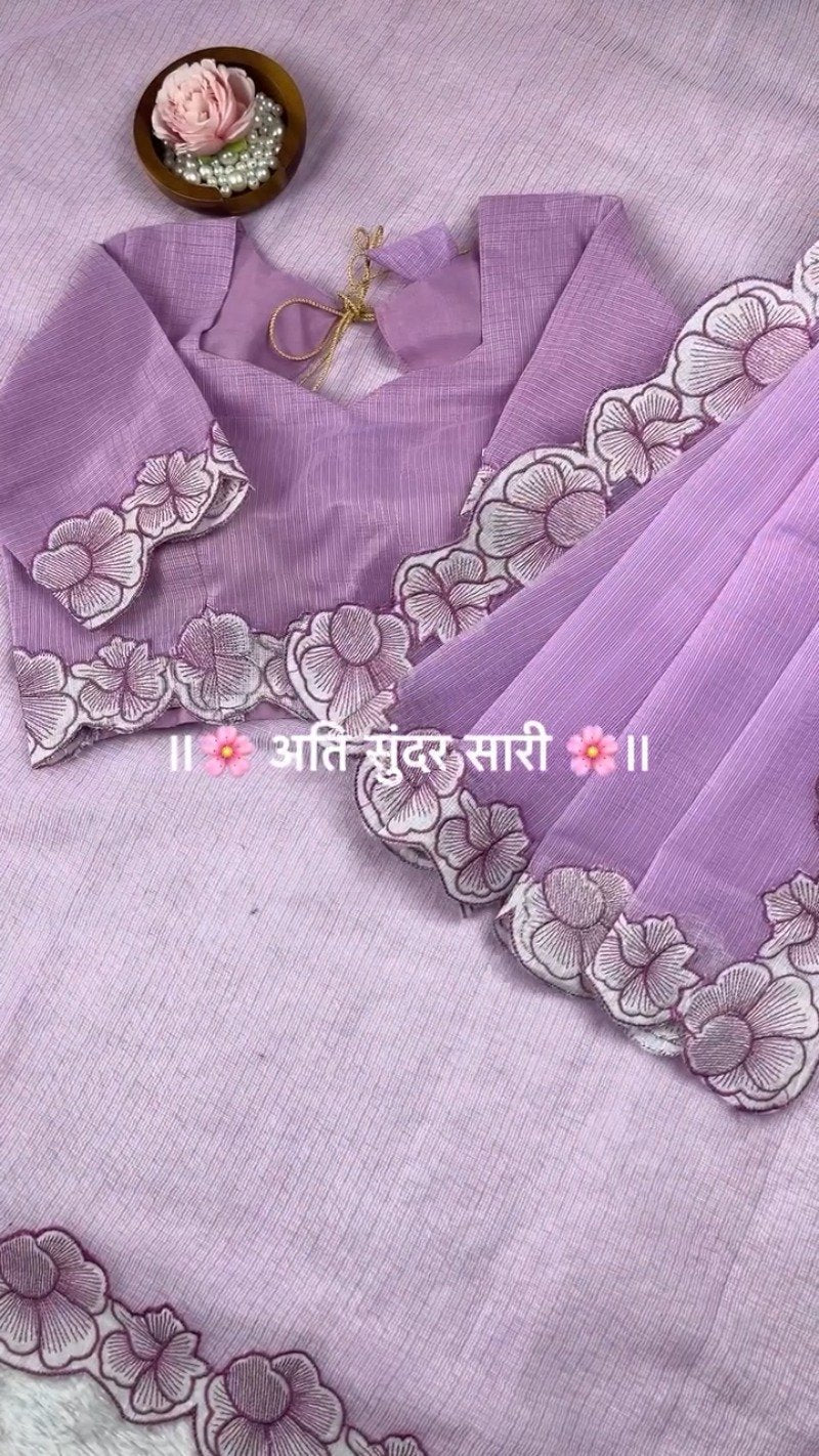 Pastel Floral Scalloped Border Saree with Matching Embroidered Blouse – Available in Lavender, Peach, Teal, Lemon & Beige
