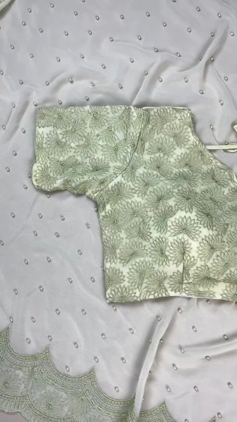 Sage Green Floral Embroidered Saree with Pearl Embellishments
