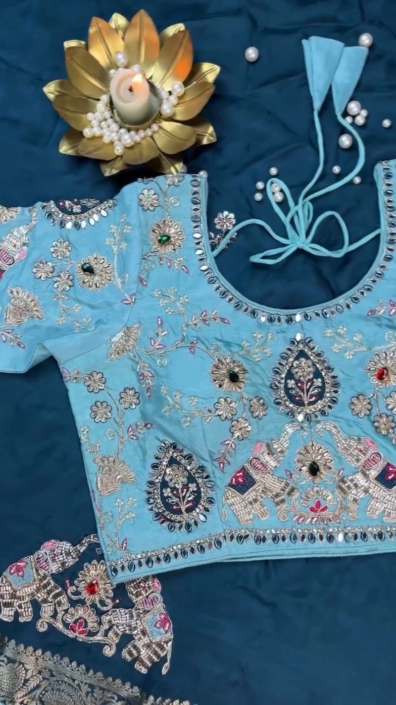 Royal Elephant Motif Embroidered Teal Blue Saree with Sky Blue Blouse – Single Colour Variant