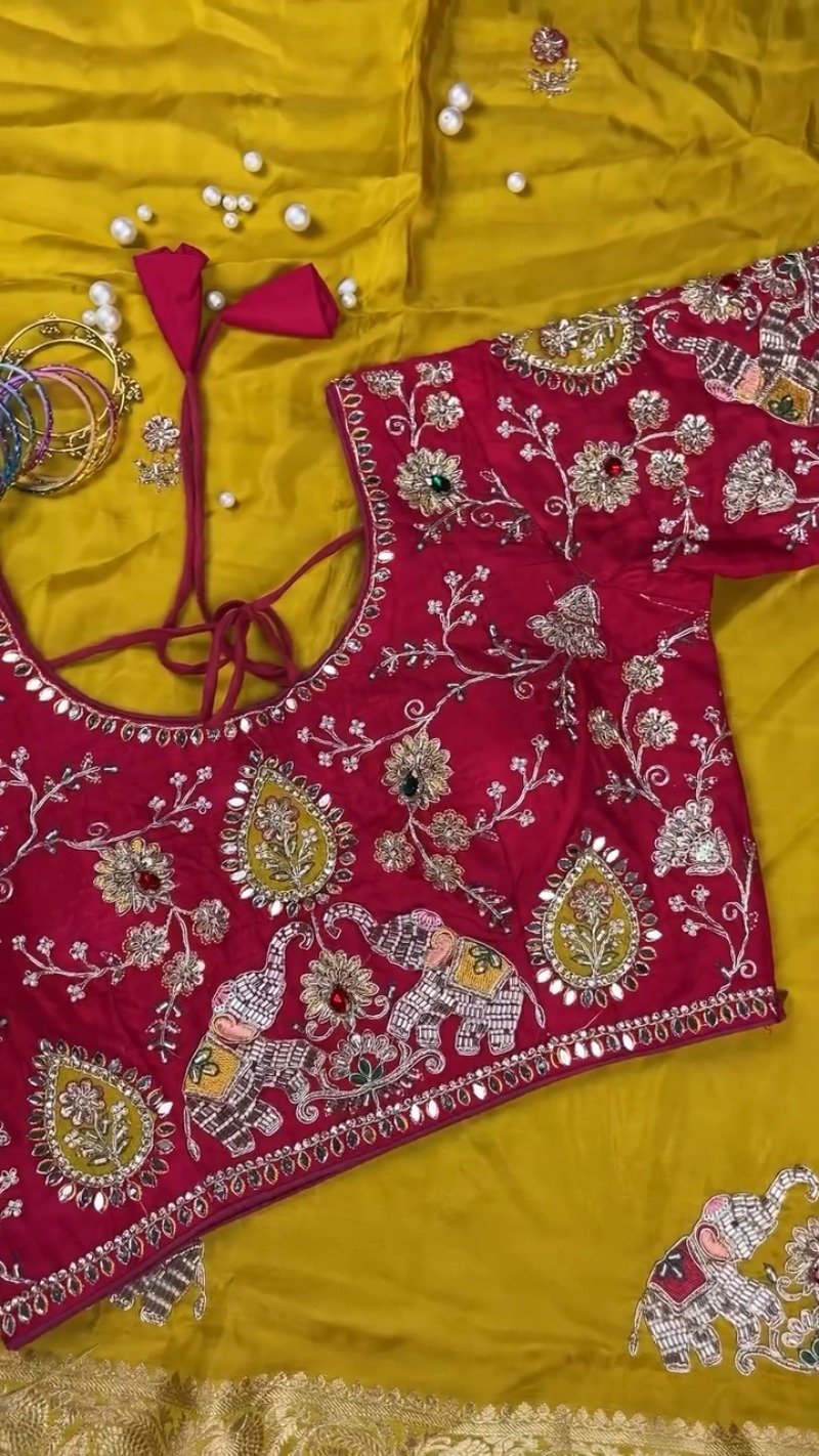 Royal Mustard Silk Saree with Hand-Embroidered Pink Elephant Motif Blouse โ Available in Mustard & Pink