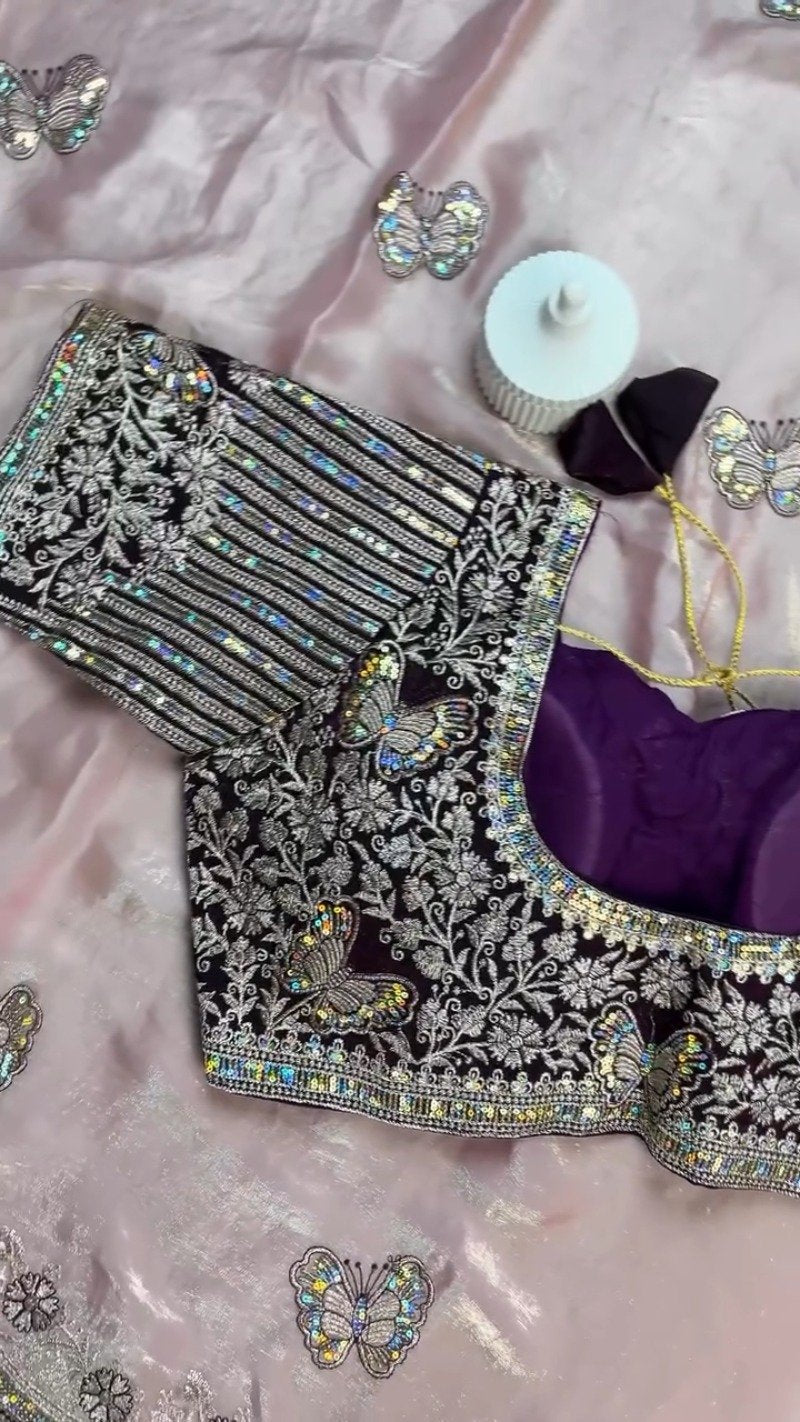 Enchanting Butterfly Embroidered Organza Saree Set – Available in Deep Plum & Soft Blush