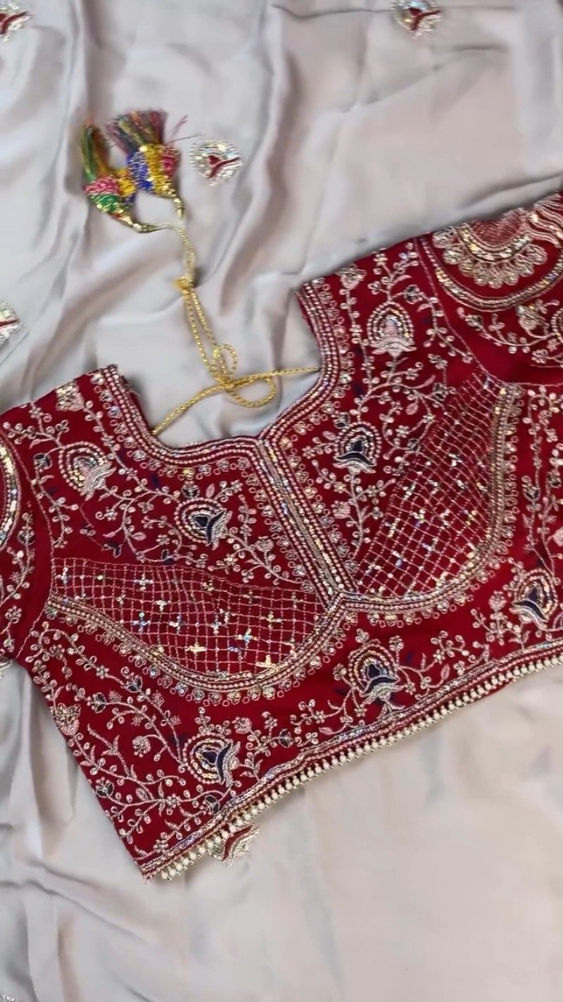 Midnight Crimson Velvet Blouse with Silver Embroidered Saree Set – Available in Classic Crimson & Elegant Silver