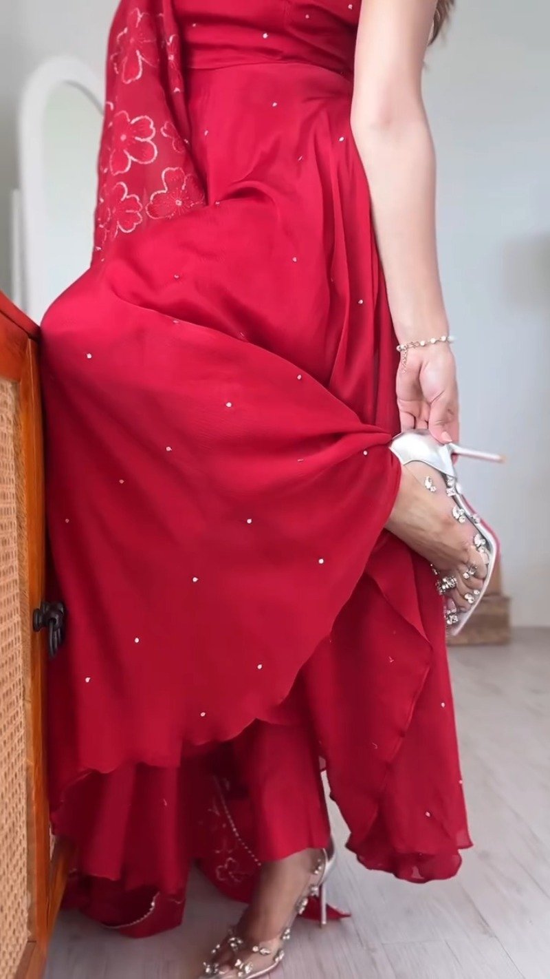 Astra Ruby Red Flowing Maxi Kurta Set with Mirror Embellishments