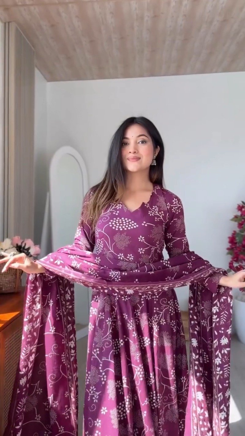Elegant Floral Print Anarkali Kurta Set with Dupatta – Available in Deep Plum & Midnight Blue