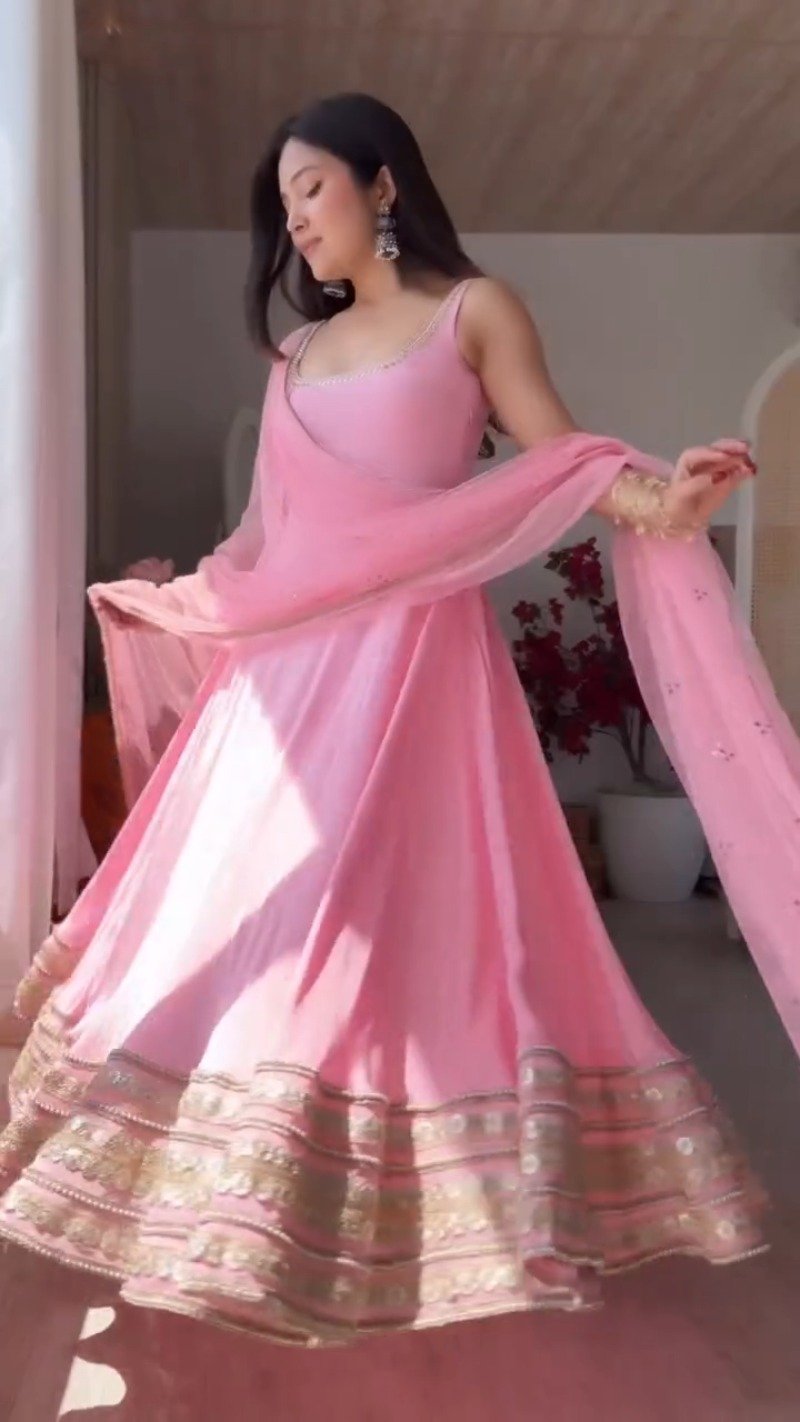 Ethereal Pastel Pink Sleeveless Anarkali Set with Shimmering Border