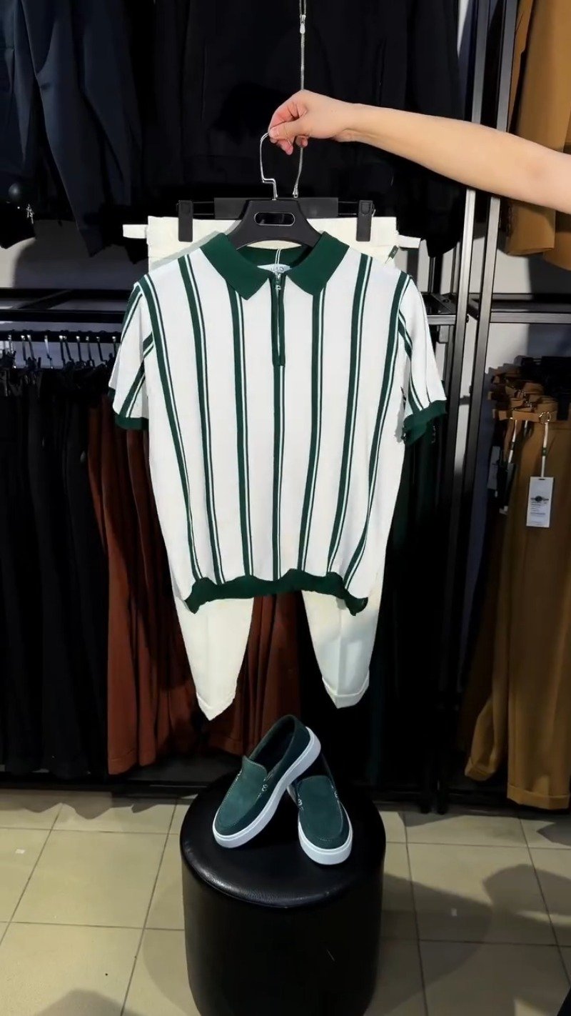 Contemporary Forest Green & White Striped Zipper Polo Set