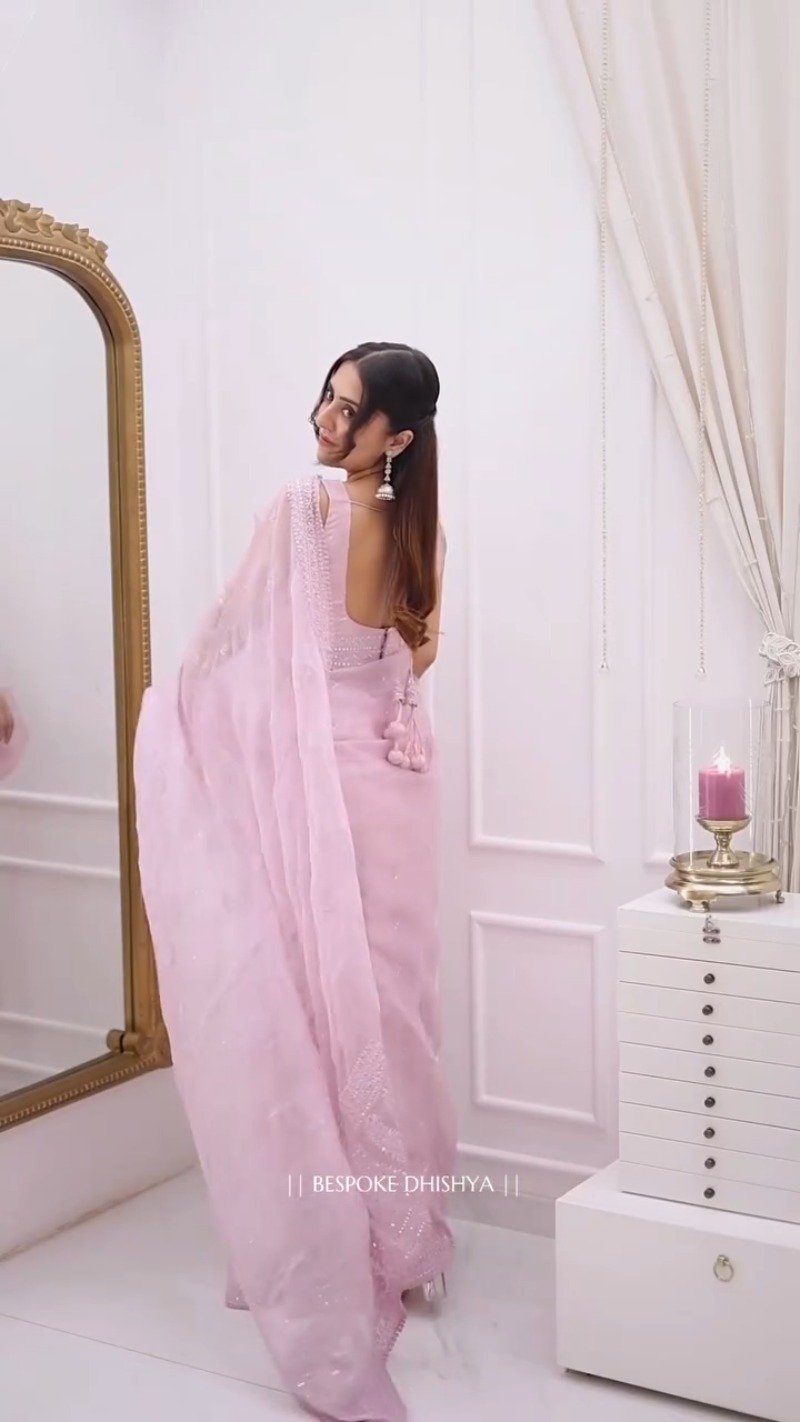 Ethereal Pastel Pink Organza Embellished Saree with Scalloped Border