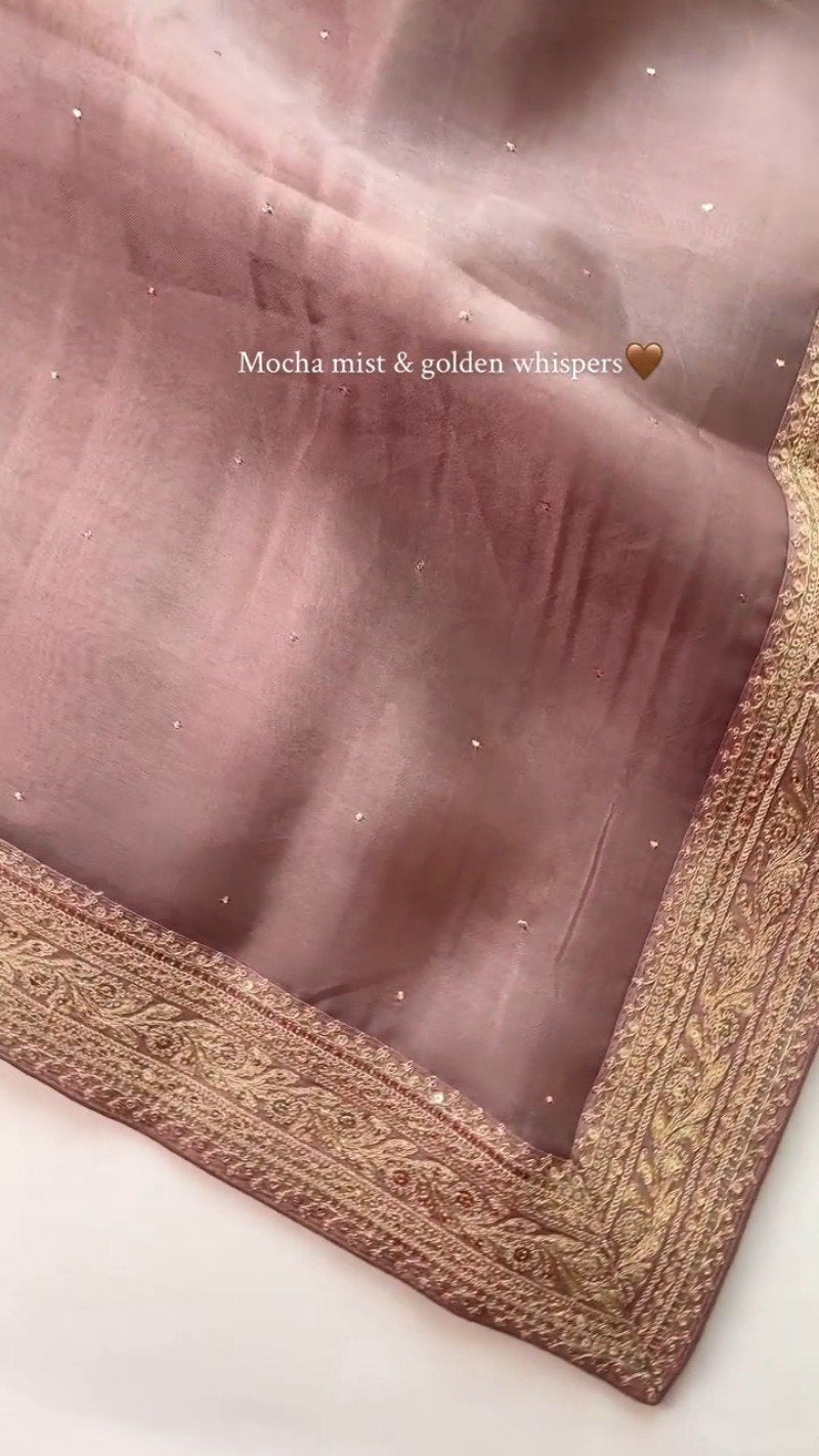 Mocha Mist Embellished Silk Saree with Antique Gold Border