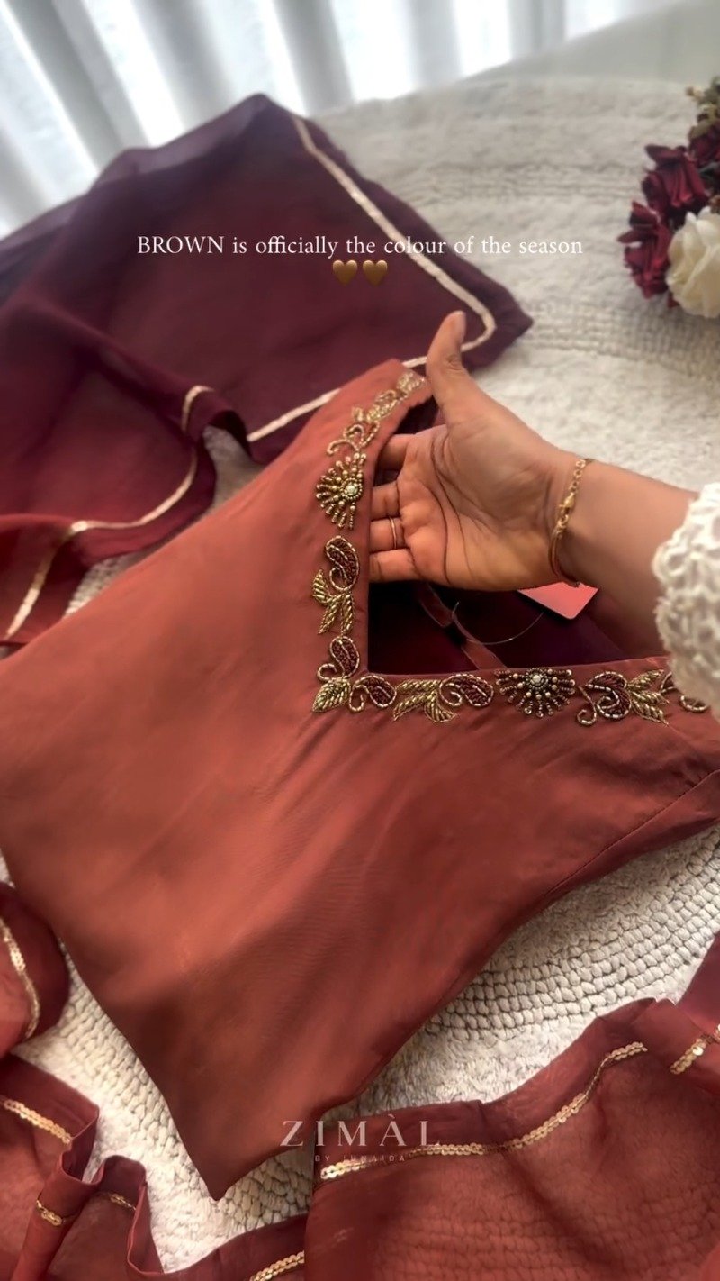 Zimal Rust-Brown Embroidered Kurta Set with Embellished Dupatta