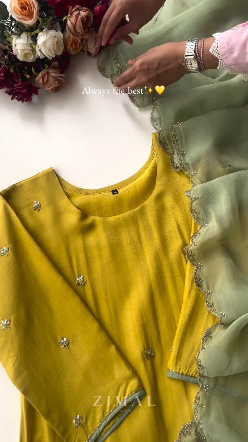 Sun-Kissed Mustard Raw Silk Kurta Set with Scalloped Sage Dupatta