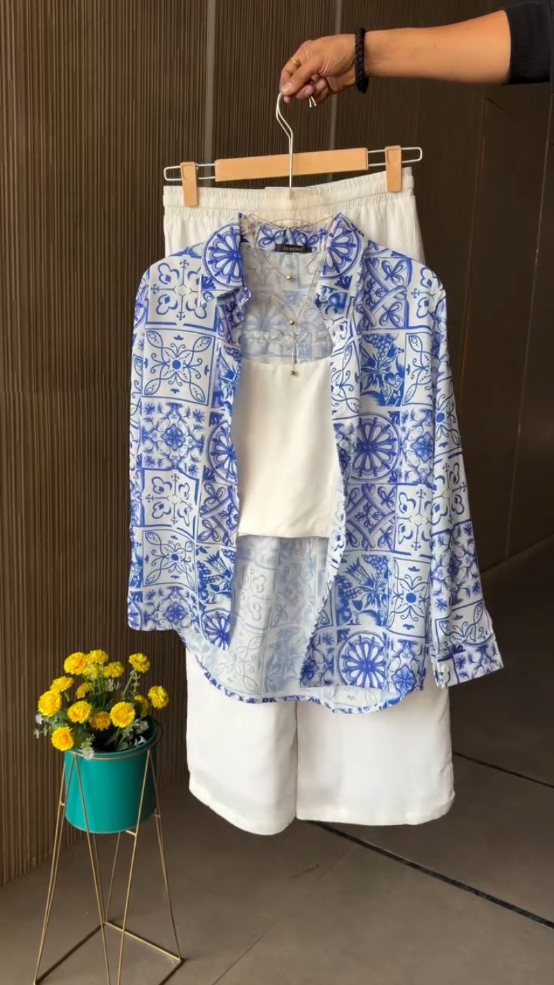 Mediterranean Tile Print Pure Linen Co-Ord Set – Available in Vibrant Pink & Royal Blue