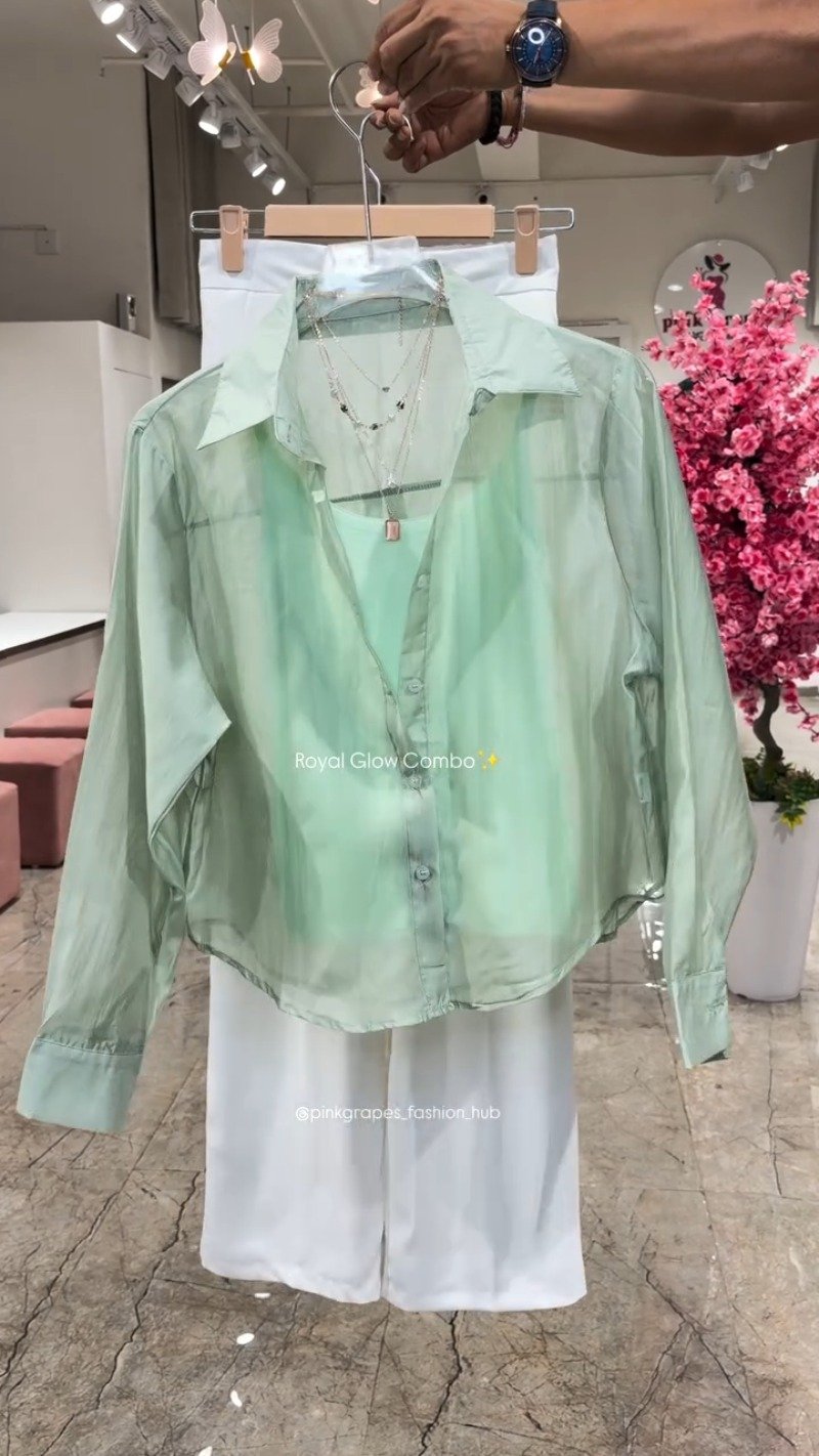 Royal Glow Organza Shirt & Pant Co-ord Set – Available in Pink, Beige, Blue & Sage Green