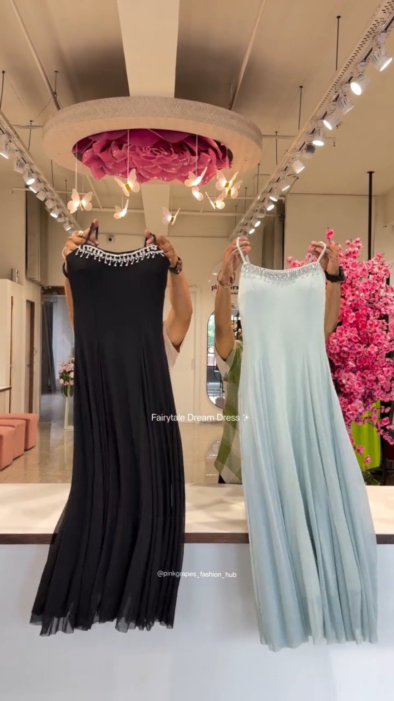 Ethereal Pleated Flare Embellished Gown – Available in Crimson, Dusty Rose, Ivory, Jet Black & Powder Blue