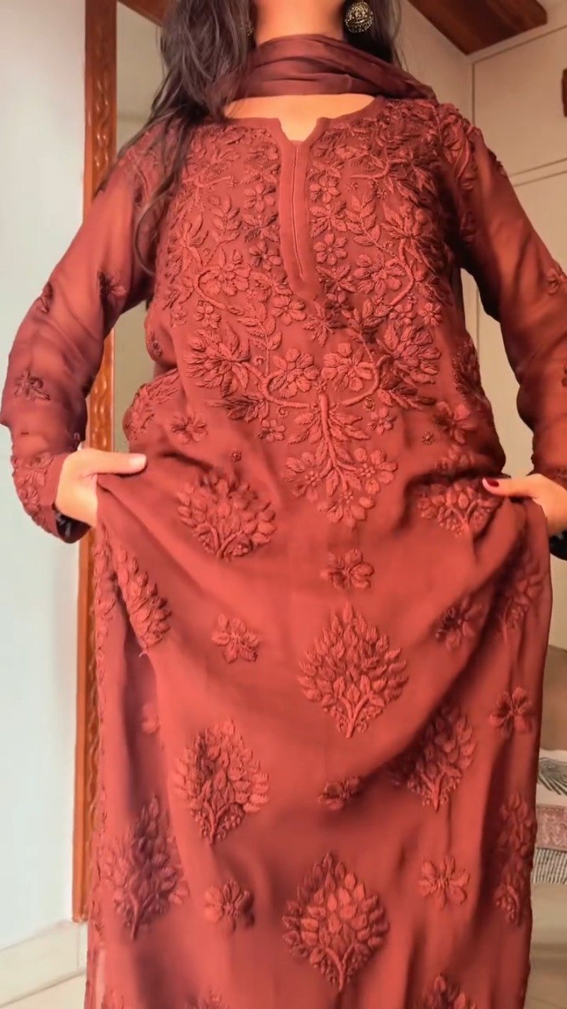 Rust Maroon Hand-Embroidered Chiffon Chikankari Kurta – Elegance in Monochrome