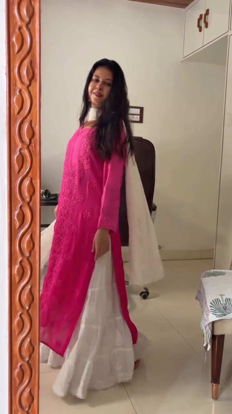 Chikankari Elegance Kurta and Flare Skirt Ensemble – Available in Lime Green & Hot Pink
